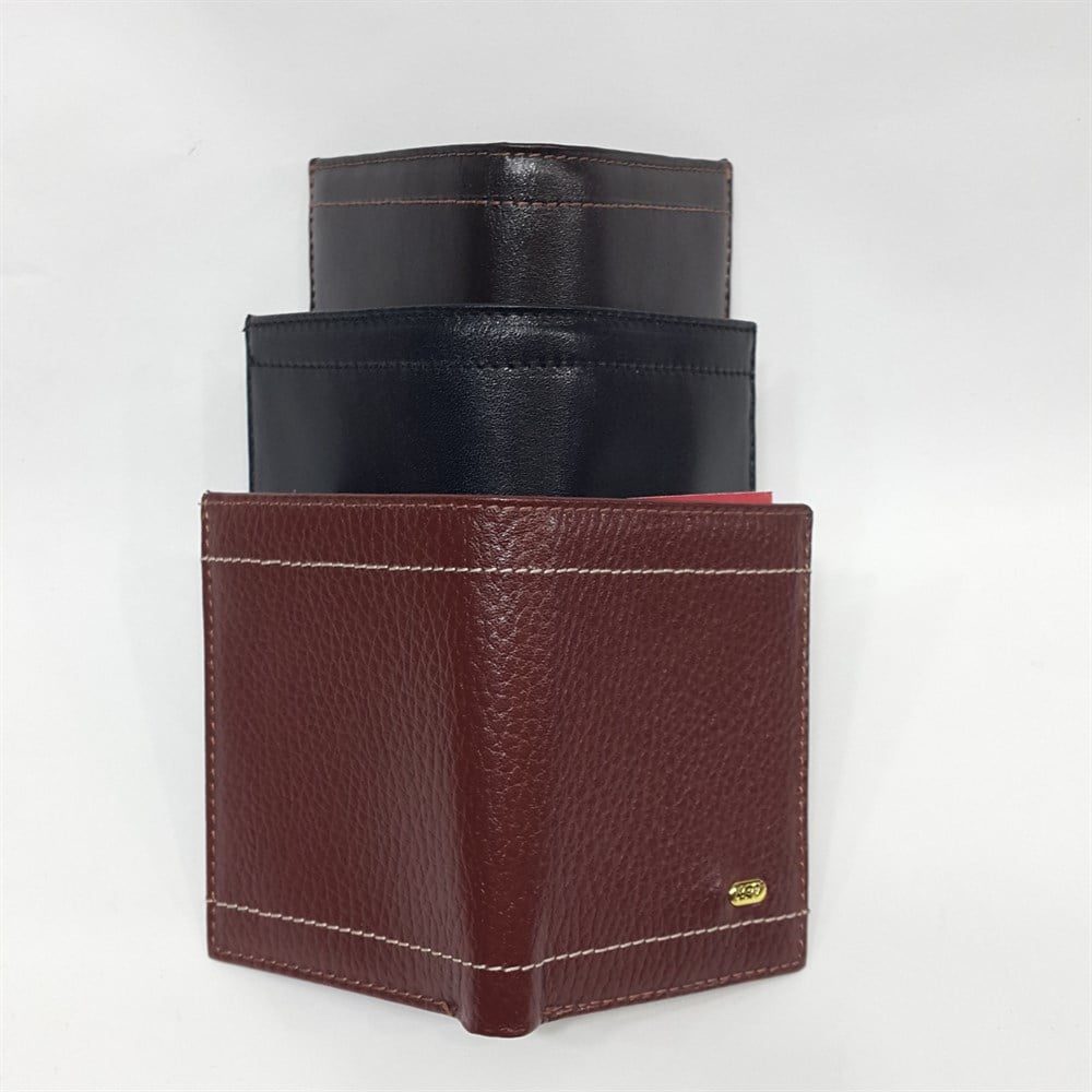 Siyah-Taba-Kahve Renkte Kartlık, Kimlik Bölmeli Renkli Dikiş Detaylı Deri Cüzdan