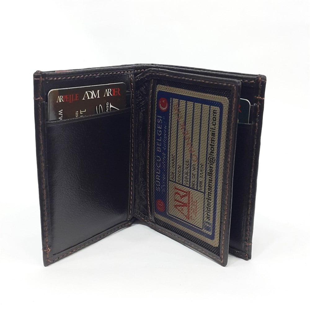 Siyah-Taba-Kahve Renkte Kartlık, Kimlik Bölmeli Renkli Dikiş Detaylı Deri Cüzdan