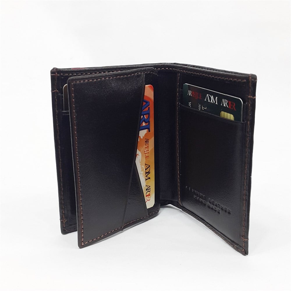 Siyah-Taba-Kahve Renkte Kartlık, Kimlik Bölmeli Renkli Dikiş Detaylı Deri Cüzdan