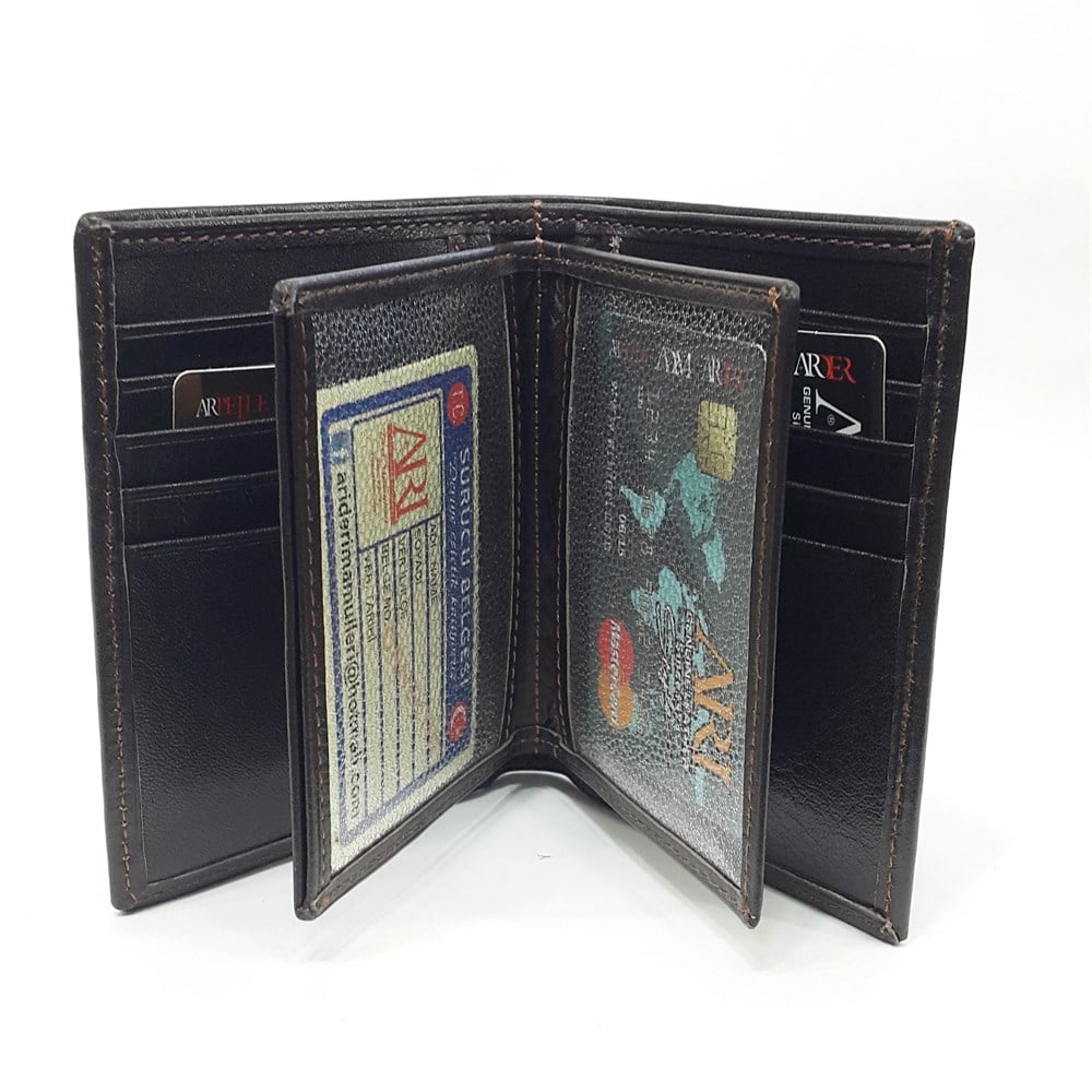 Siyah-Taba-Kahve Renkte Kartlık, Kimlik Bölmeli Dikey Kart Bölmeli Deri Cüzdan