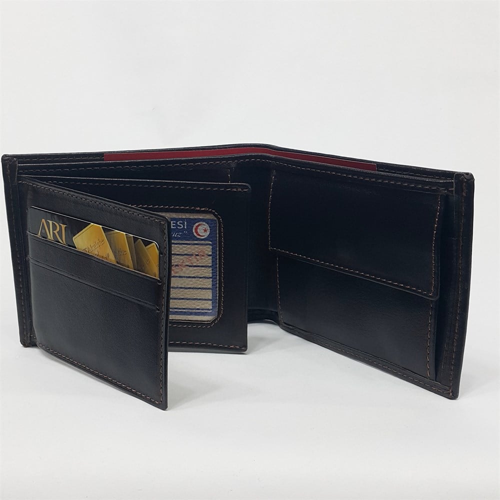 Siyah-Taba-Kahve Renkte Kartlık, Kimlik Ve Bozuk Para Bölmeli Yatay Bölmeli Deri Cüzdan