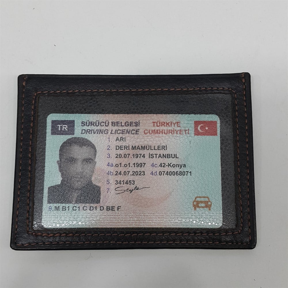 Siyah-Taba-Kahve Renkte Yatay Model Hakiki Deri Arkada Şeffaf Bölmeli Kartlık