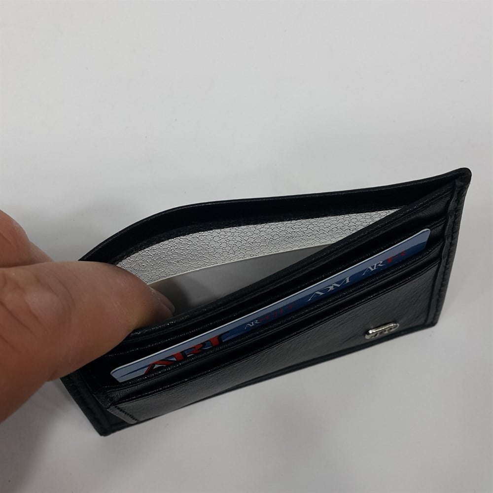 Siyah-Taba-Kahve Renkte Yatay Model Hakiki Deri Arkada Şeffaf Bölmeli Kartlık