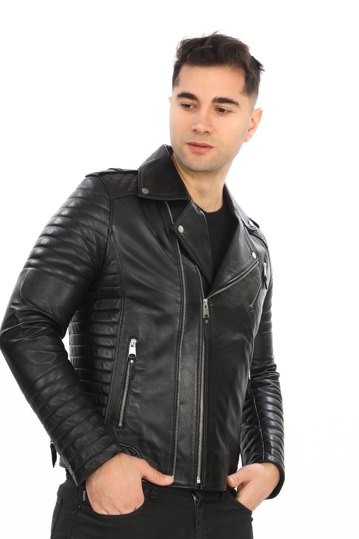 Slim Fit Kruvaze Yaka Erkek Spor Deri Mont