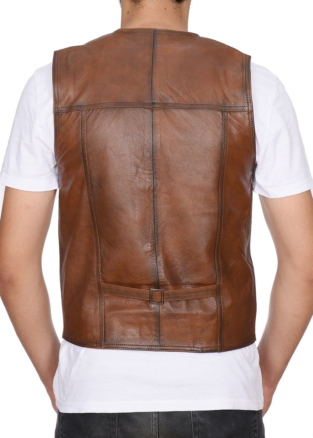 Slim Fit Taba Renk Erkek Deri Yelek