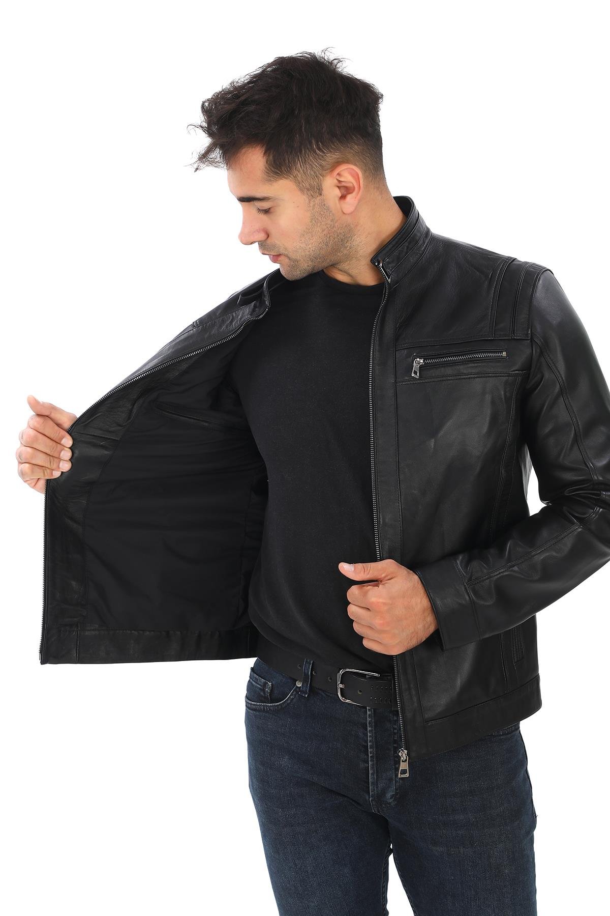 Spor Kesim Erkek Deri Mont Siyah Renk