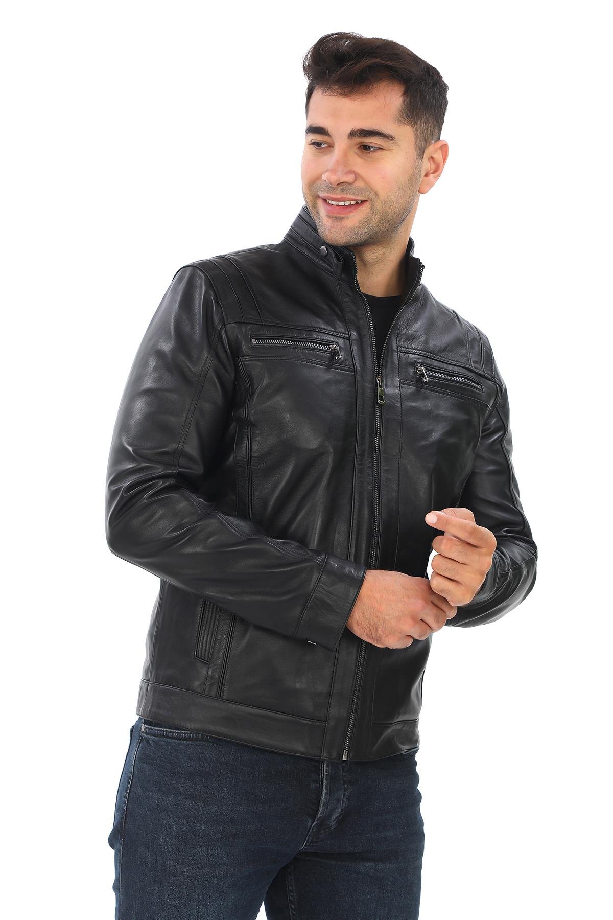 Spor Kesim Erkek Deri Mont Siyah Renk