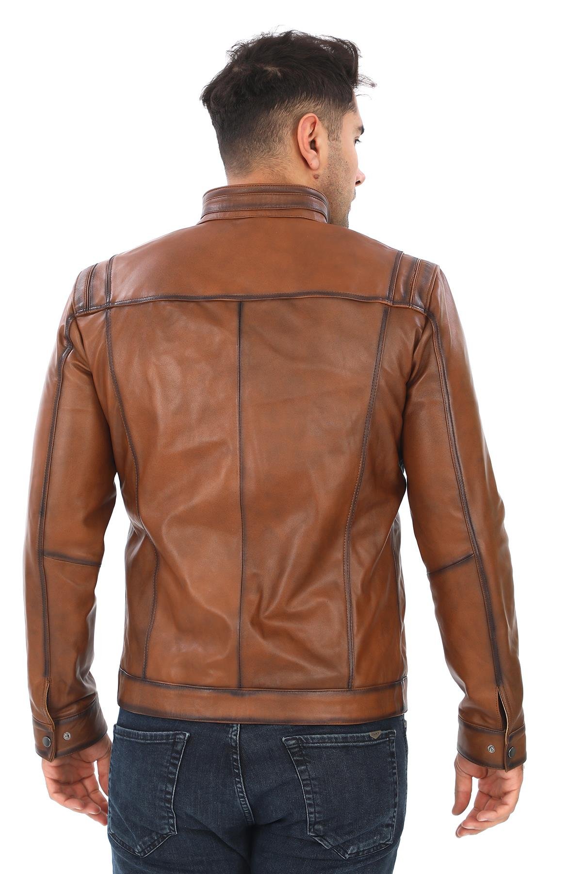 Spor Kesim Erkek Deri Mont Taba Renk