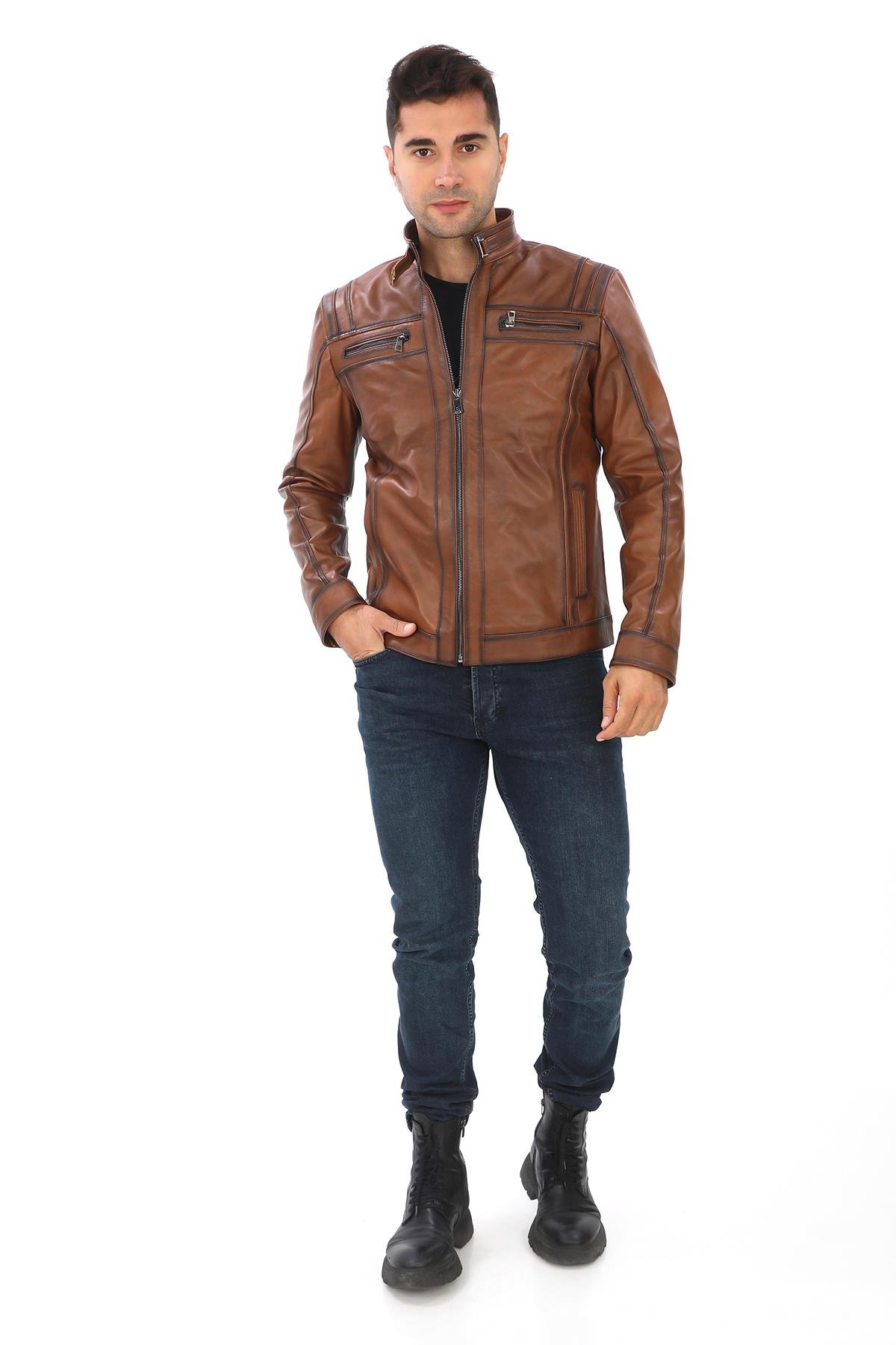 Spor Kesim Erkek Deri Mont Taba Renk