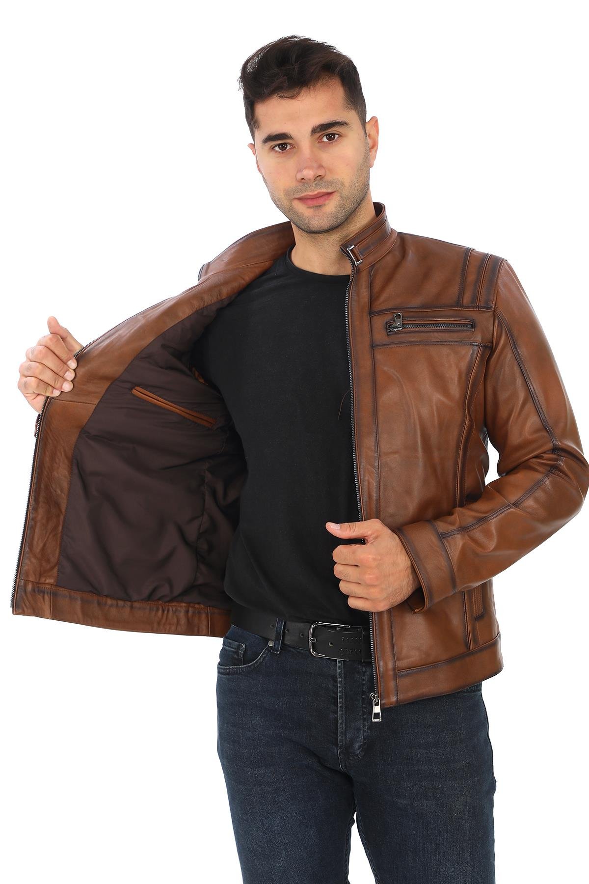 Spor Kesim Erkek Deri Mont Taba Renk