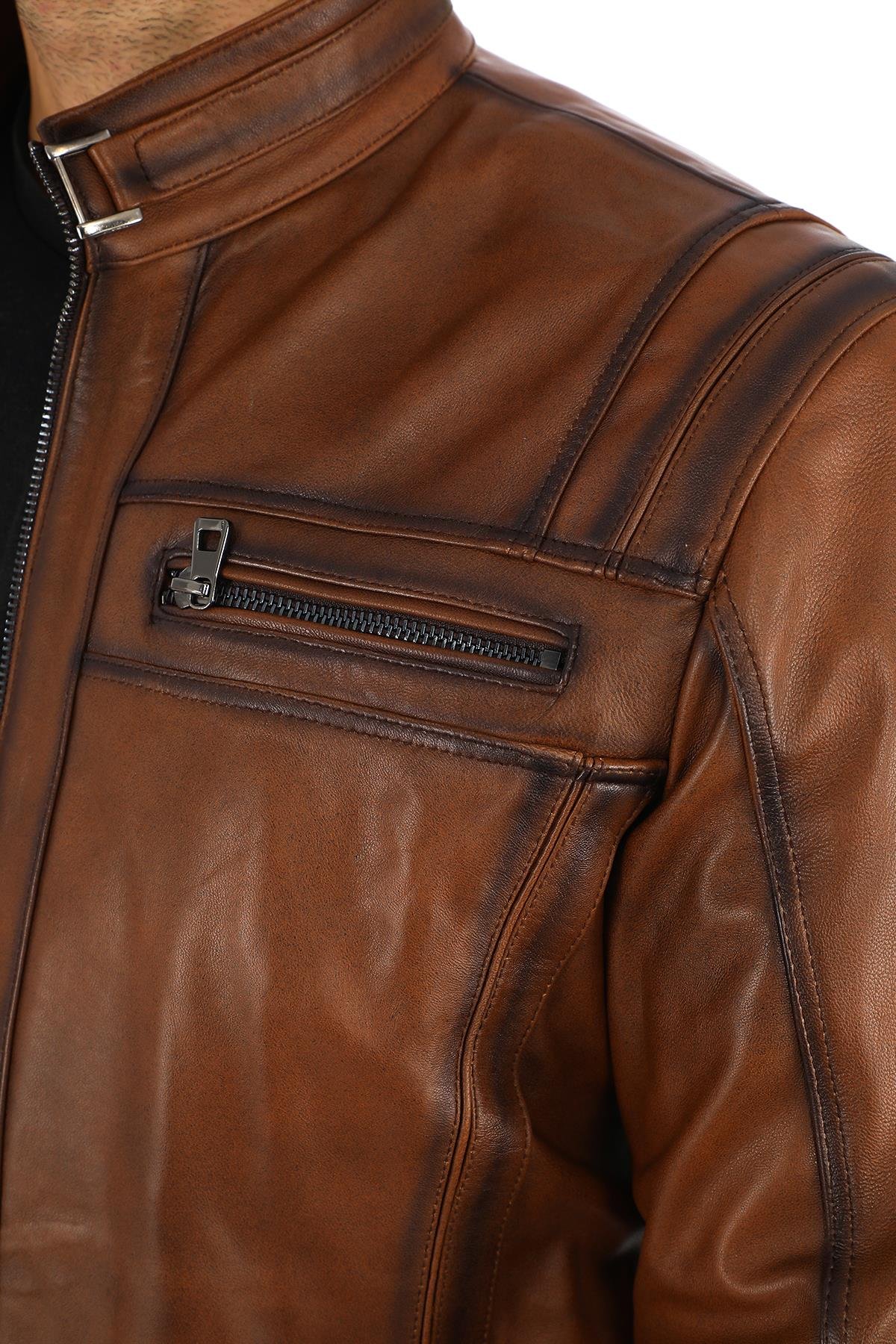 Spor Kesim Erkek Deri Mont Taba Renk