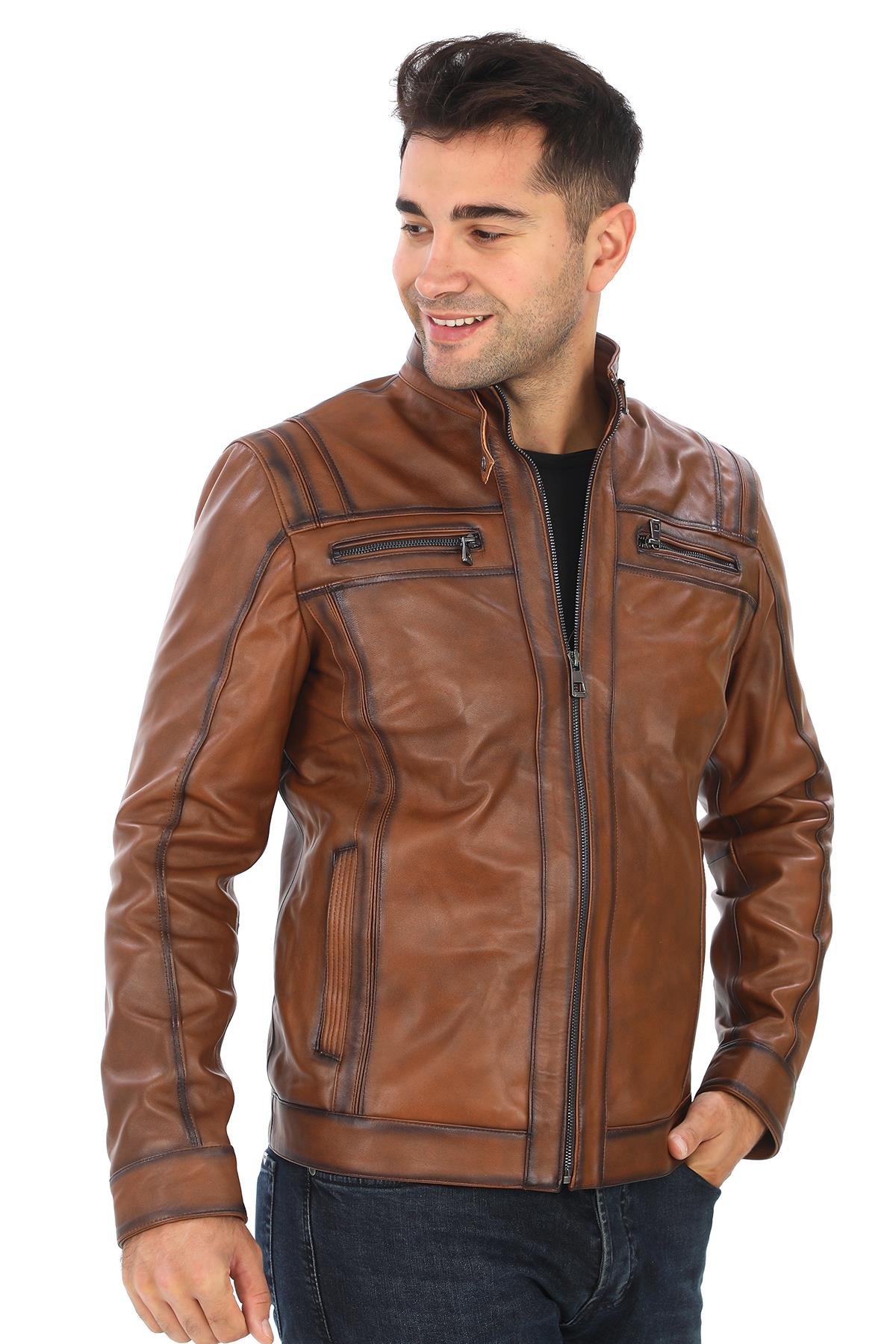 Spor Kesim Erkek Deri Mont Taba Renk