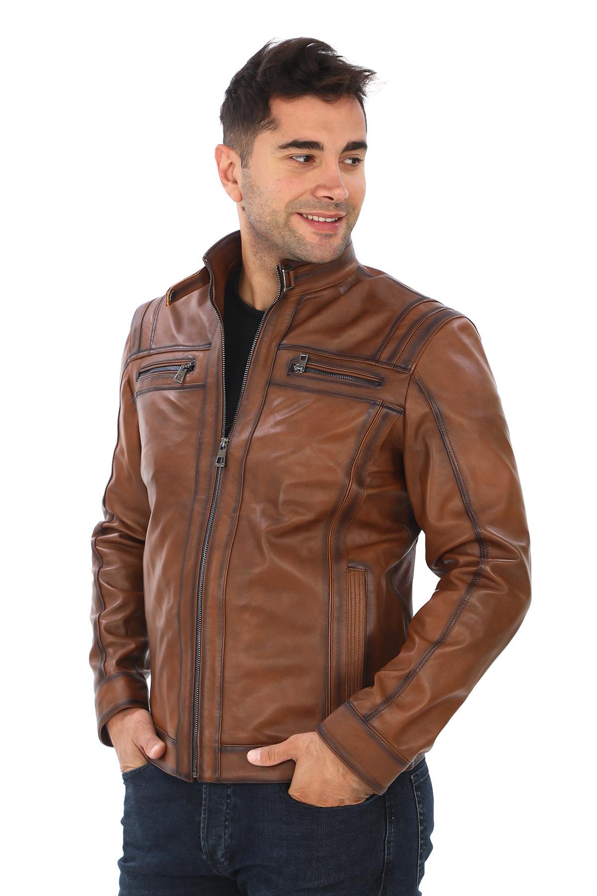 Spor Kesim Erkek Deri Mont Taba Renk