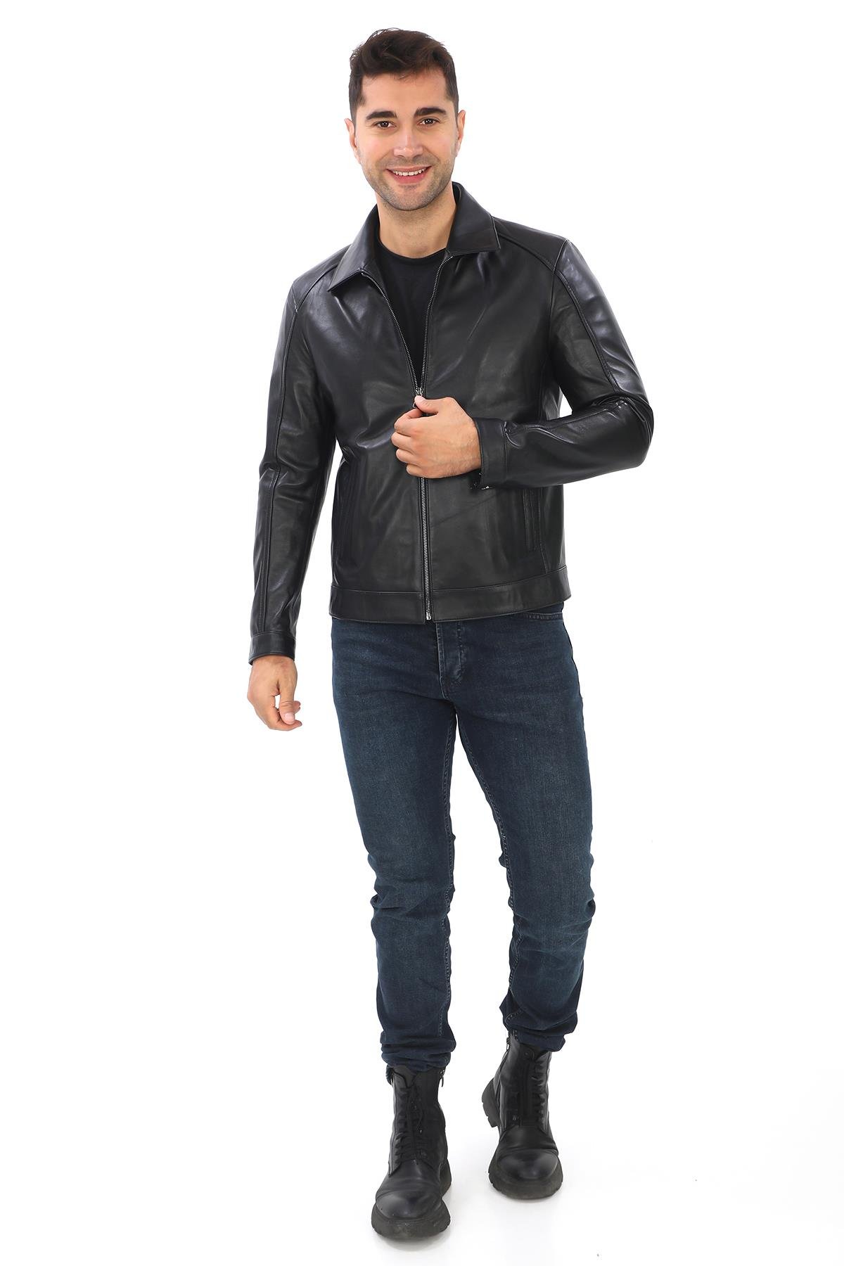 Spor Kesim Yakalı Erkek Deri Ceket Siyah renk 