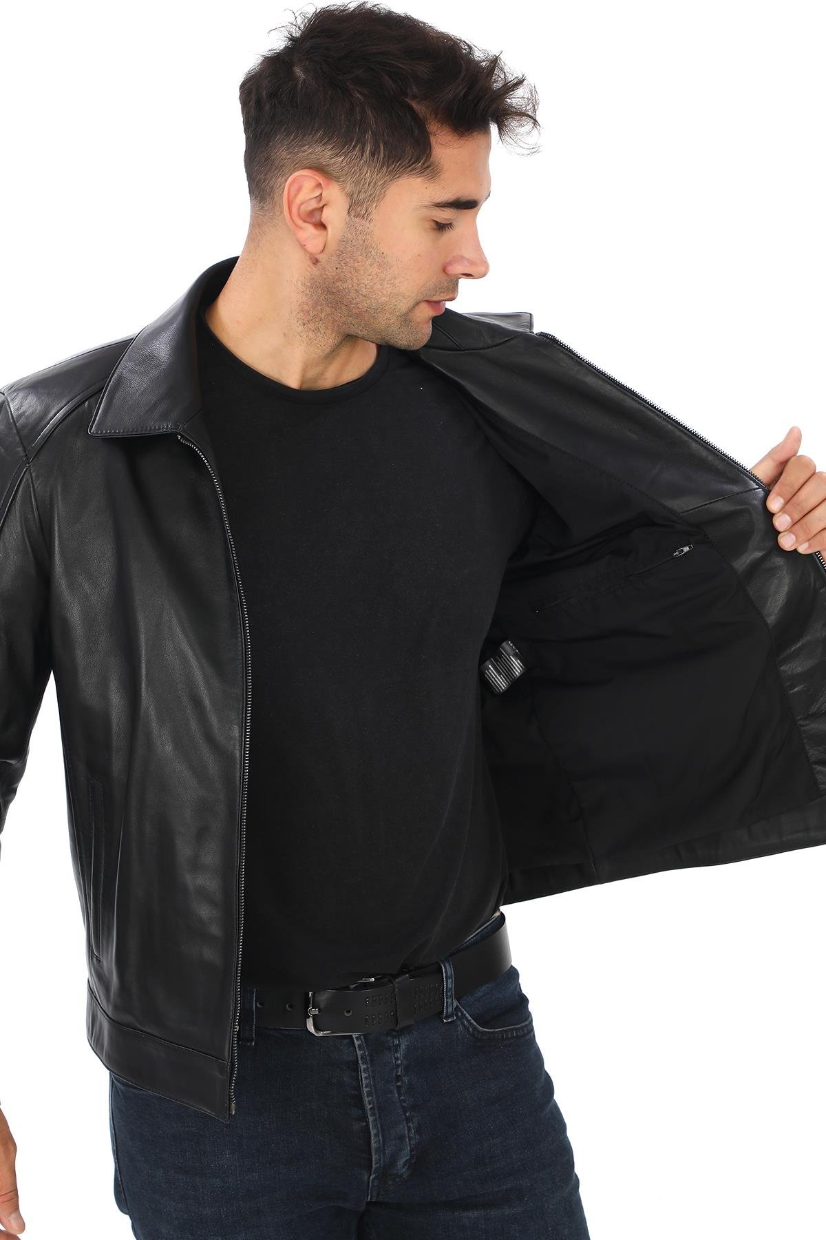 Spor Kesim Yakalı Erkek Deri Ceket Siyah renk 
