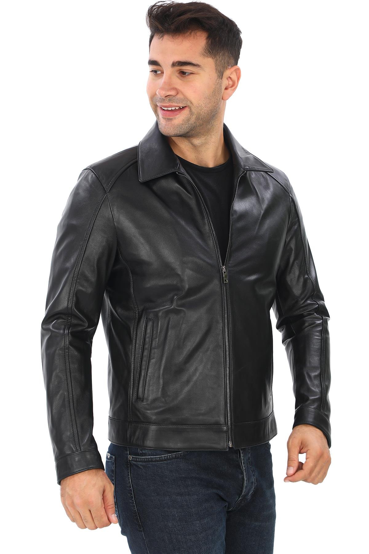 Spor Kesim Yakalı Erkek Deri Ceket Siyah renk 