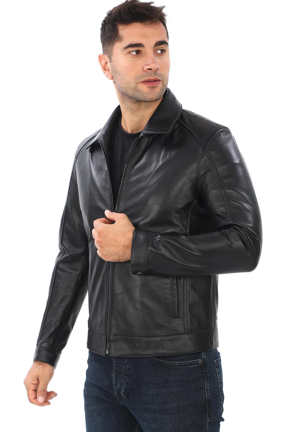 Spor Kesim Yakalı Erkek Deri Ceket Siyah renk 