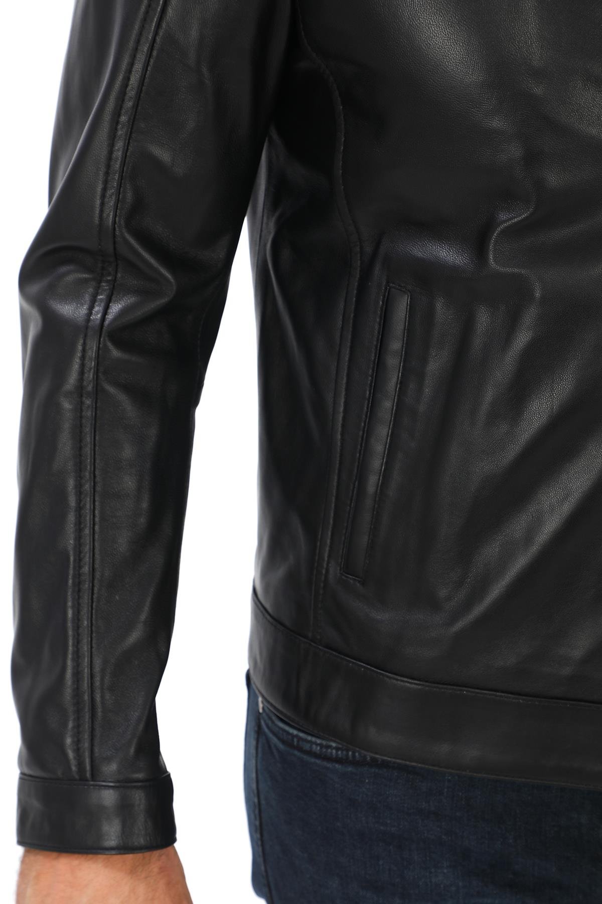 Spor Kesim Yakalı Erkek Deri Ceket Siyah renk 