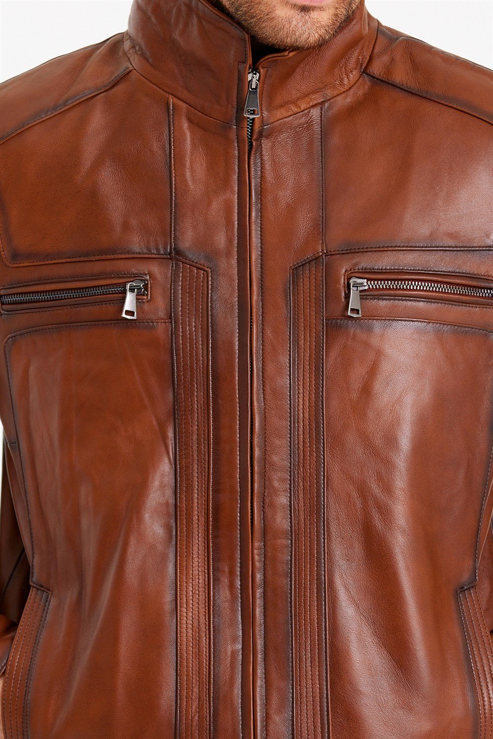 Taba Renk Hakim Yaka Klasik Spor Erkek Deri Mont