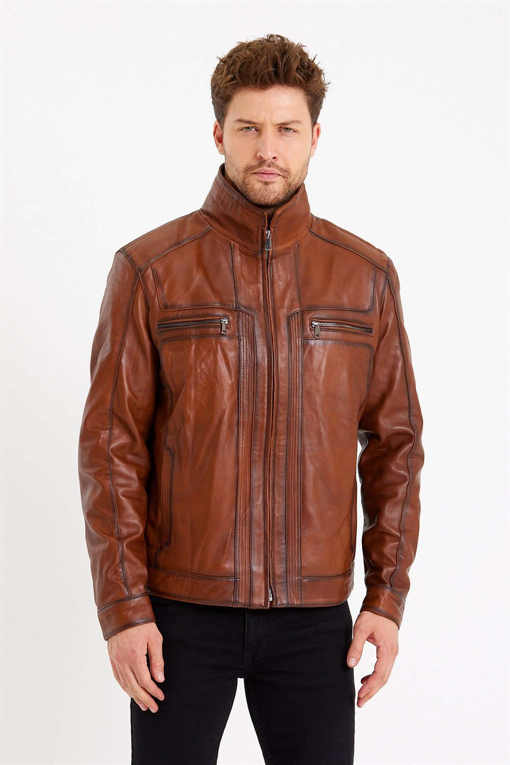 Taba Renk Hakim Yaka Klasik Spor Erkek Deri Mont