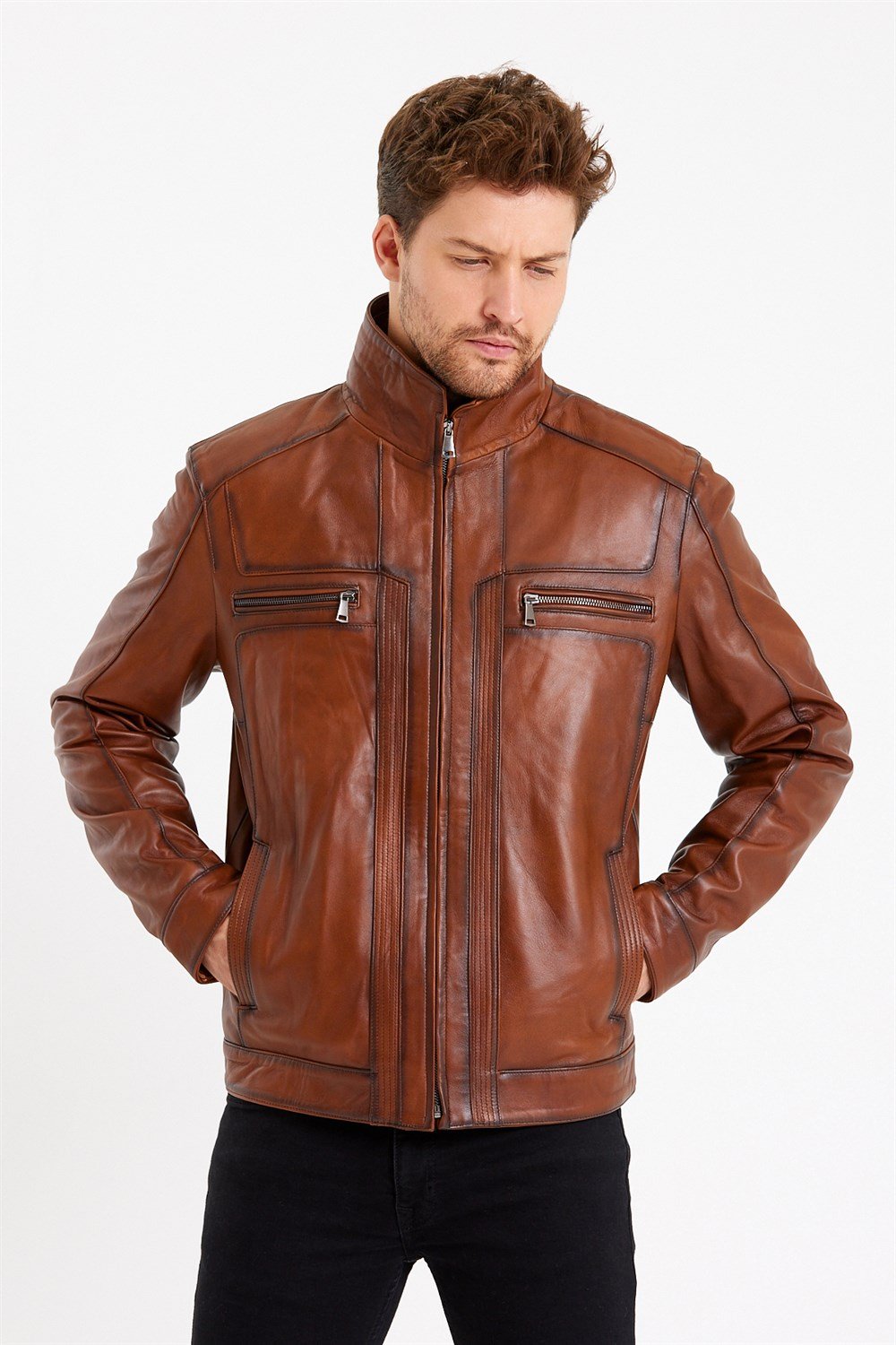 Taba Renk Hakim Yaka Klasik Spor Erkek Deri Mont