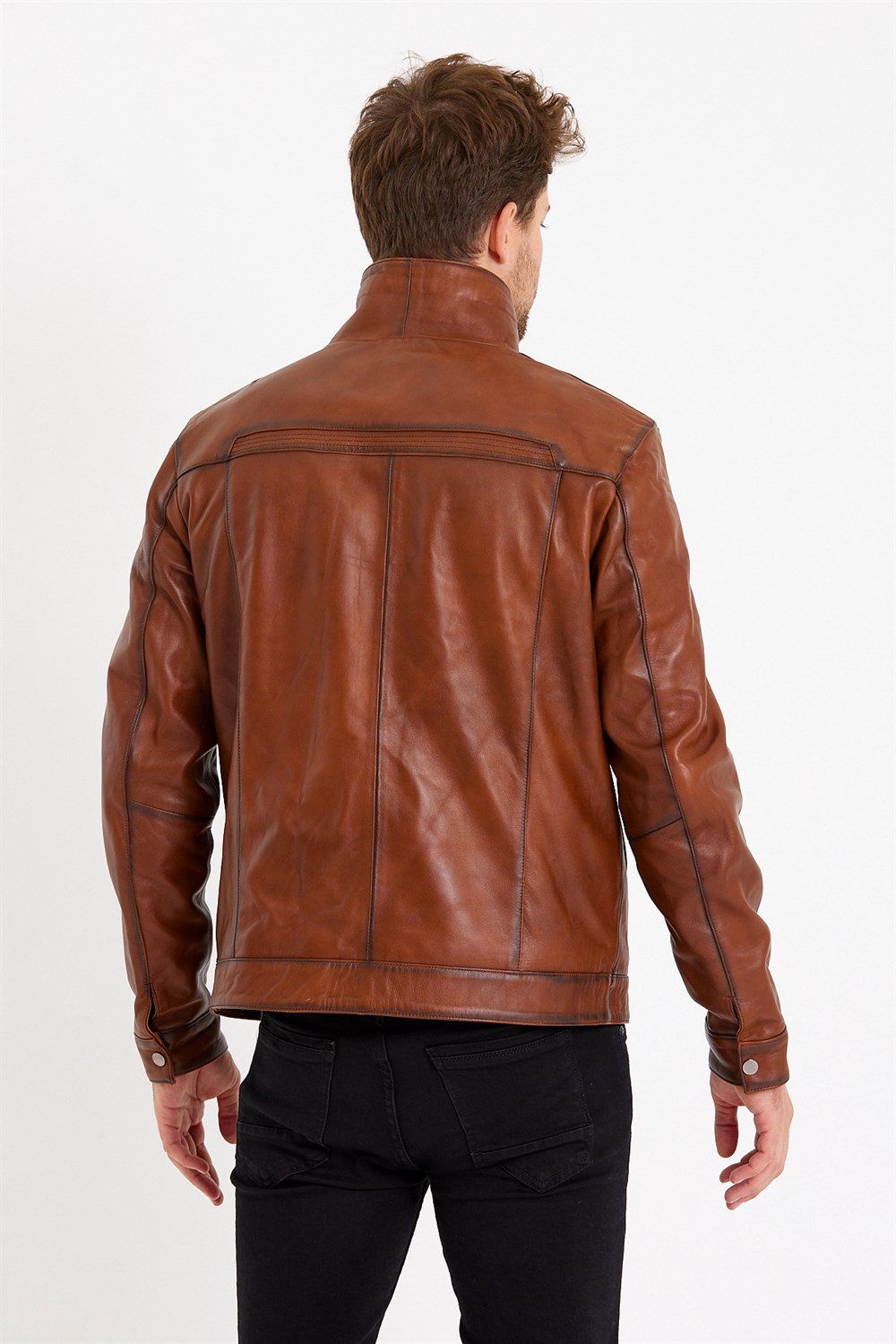 Taba Renk Hakim Yaka Klasik Spor Erkek Deri Mont