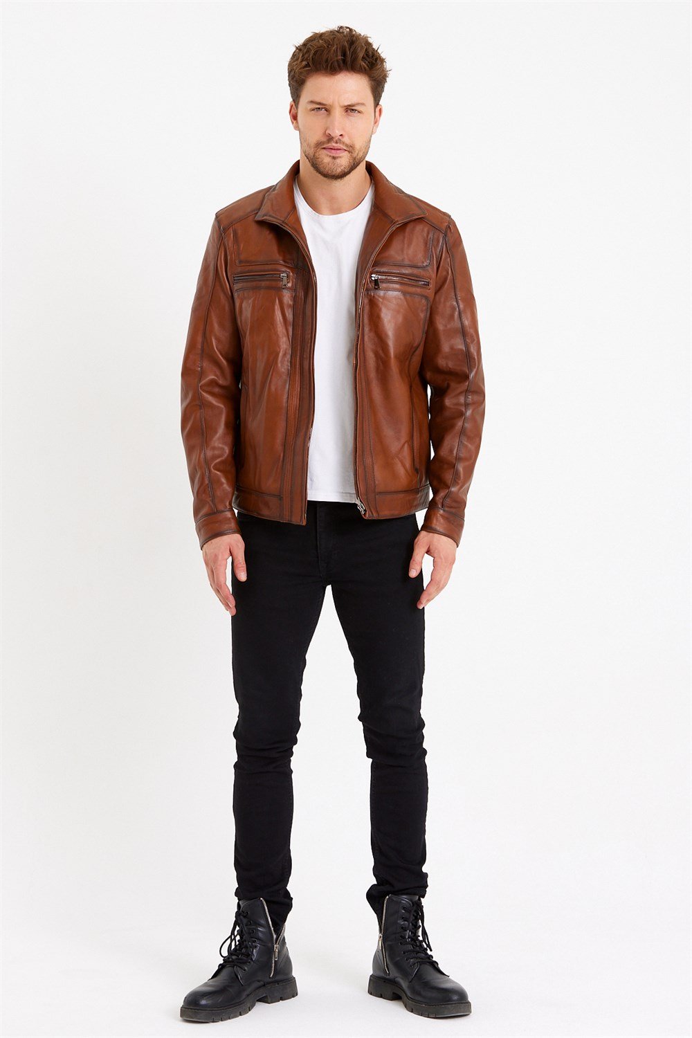 Taba Renk Hakim Yaka Klasik Spor Erkek Deri Mont