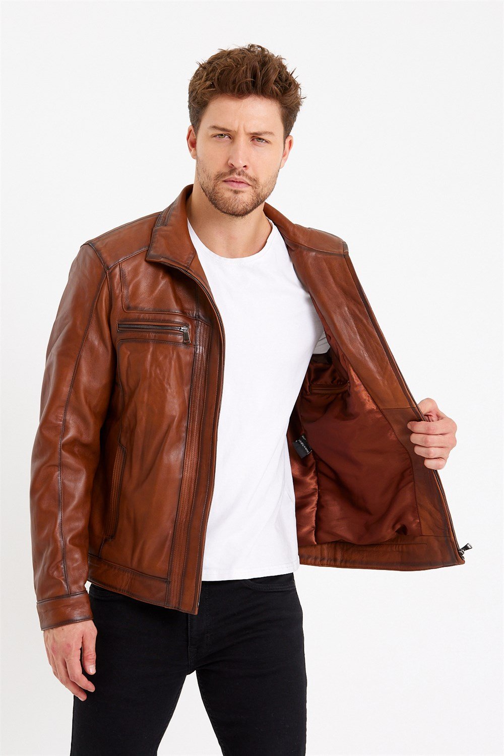 Taba Renk Hakim Yaka Klasik Spor Erkek Deri Mont