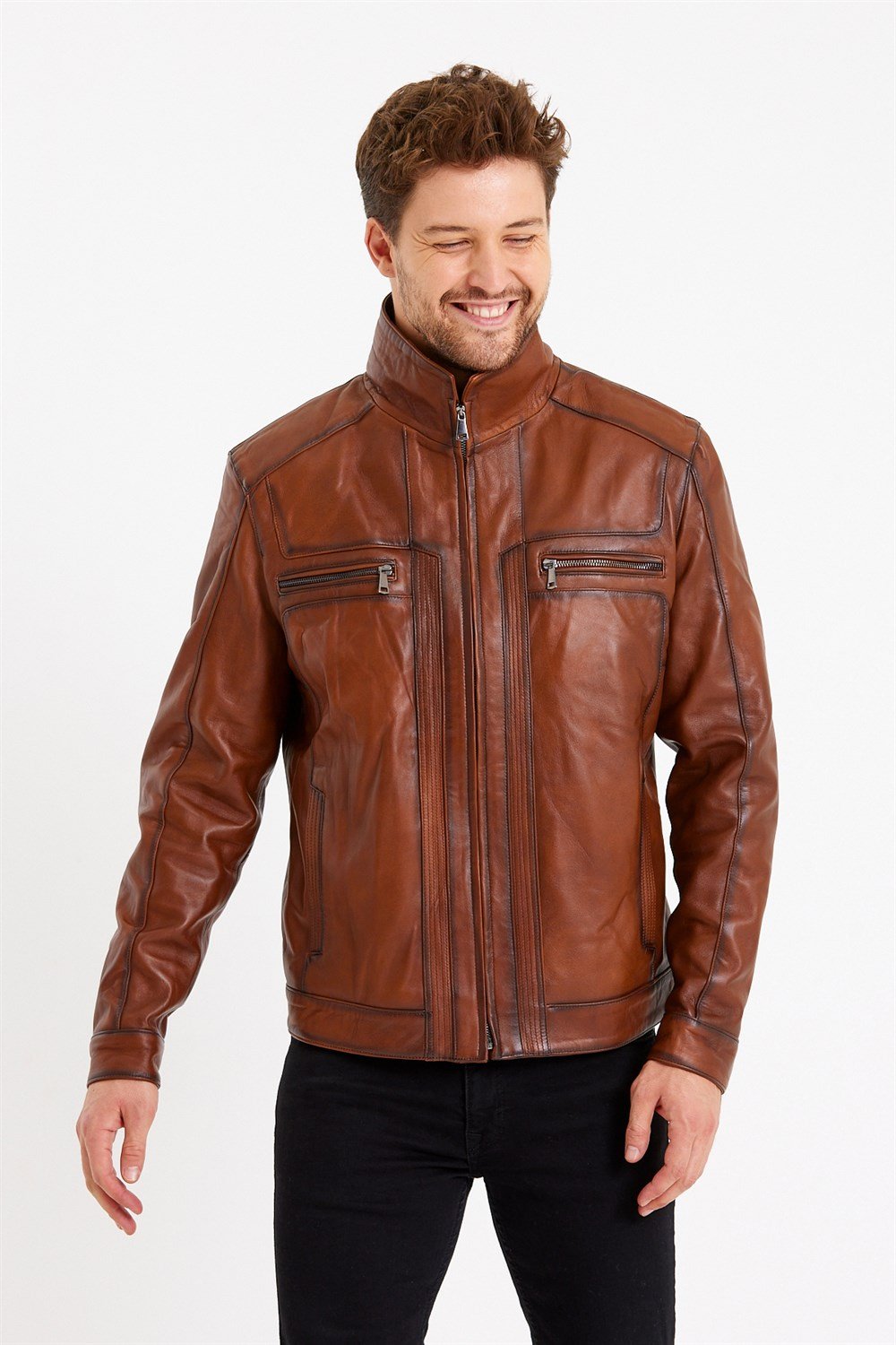 Taba Renk Hakim Yaka Klasik Spor Erkek Deri Mont