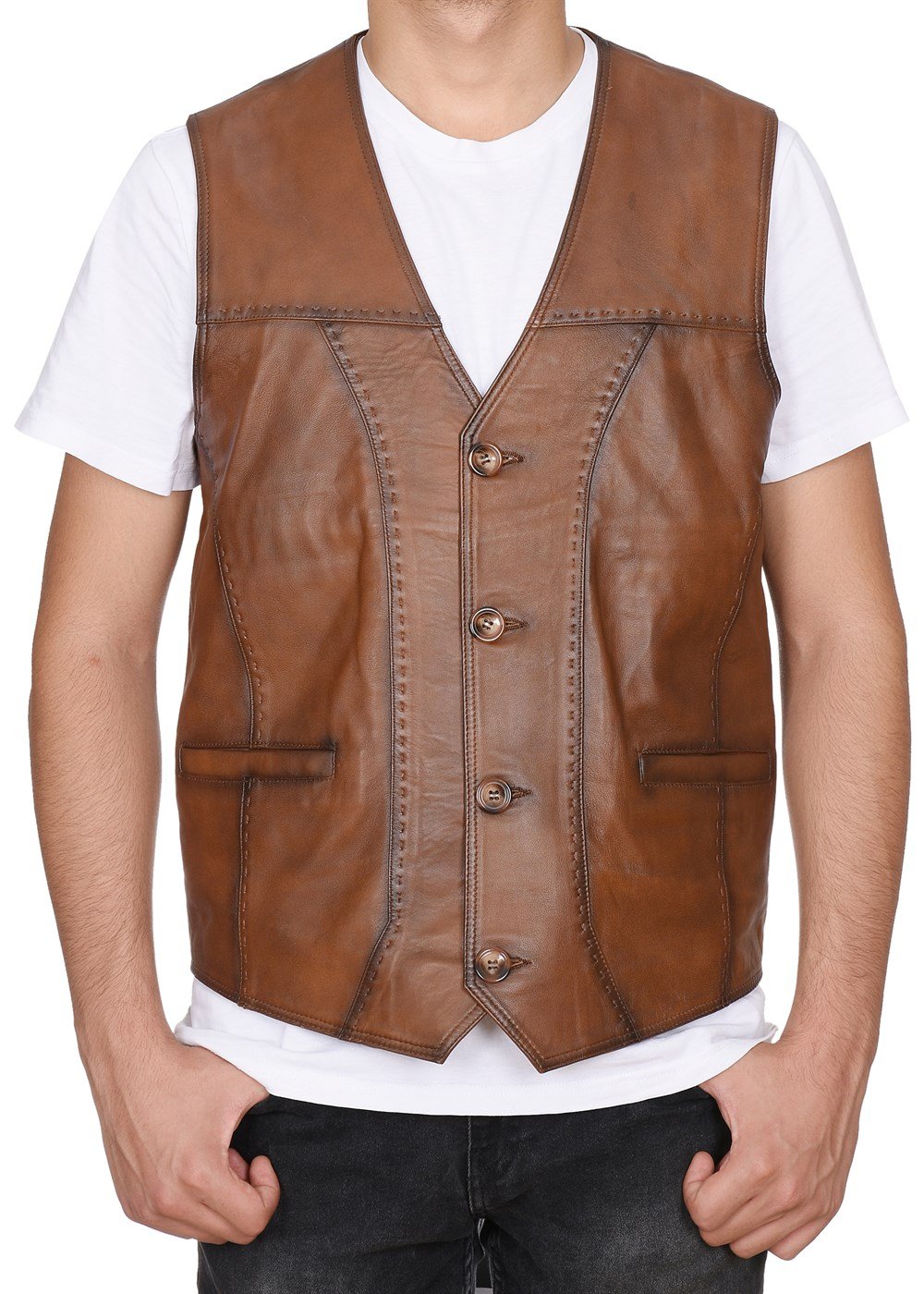 Taba renk Punto Dikişli Erkek Spor Deri Yelek