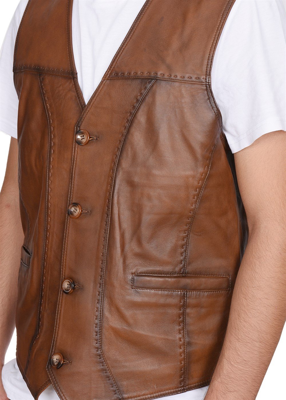 Taba renk Punto Dikişli Erkek Spor Deri Yelek