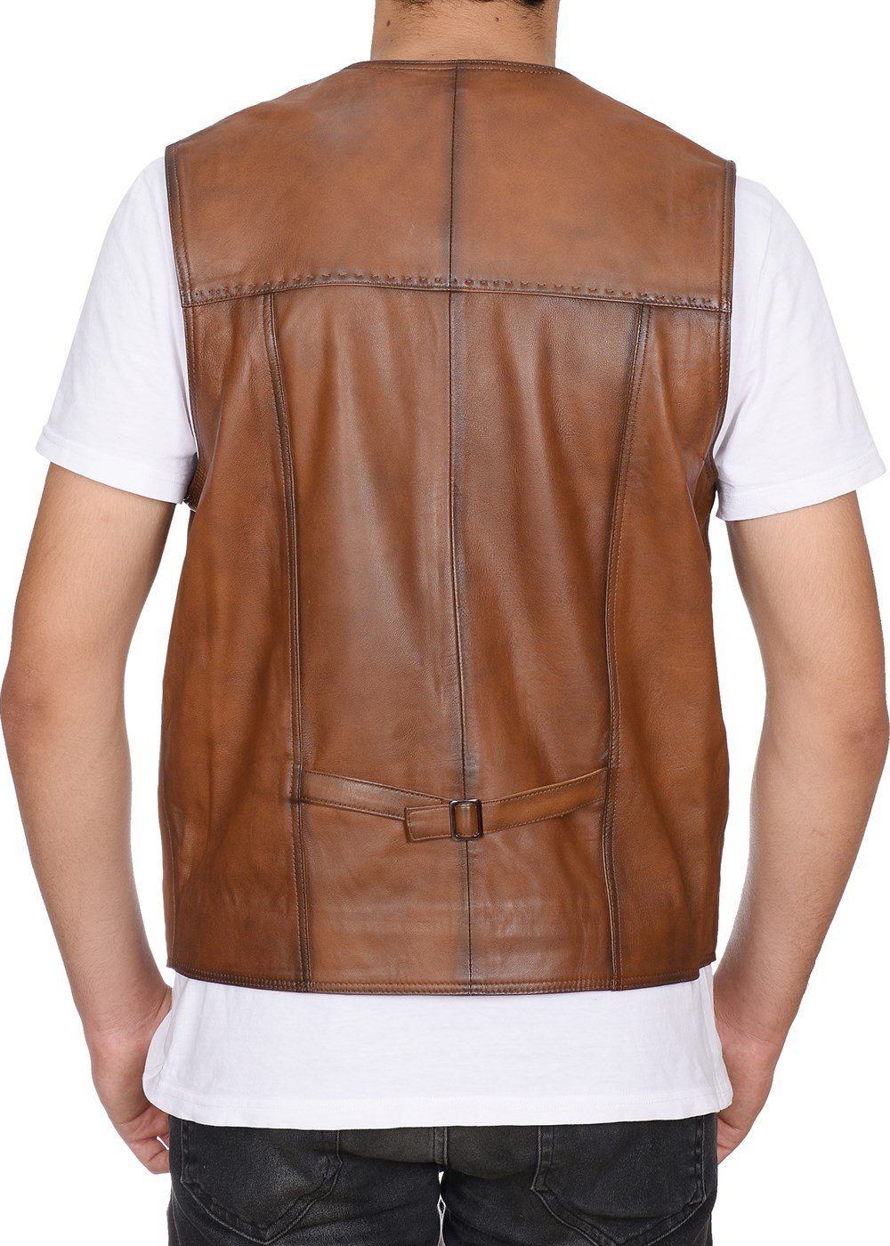 Taba renk Punto Dikişli Erkek Spor Deri Yelek