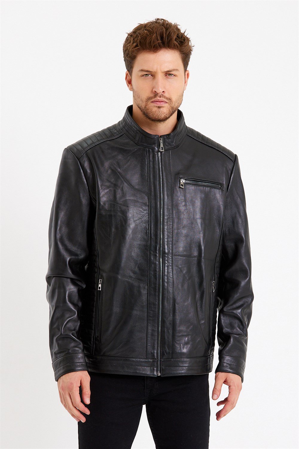 Üç Cepli İşlemeli Spor Deri Mont Siyah Renk