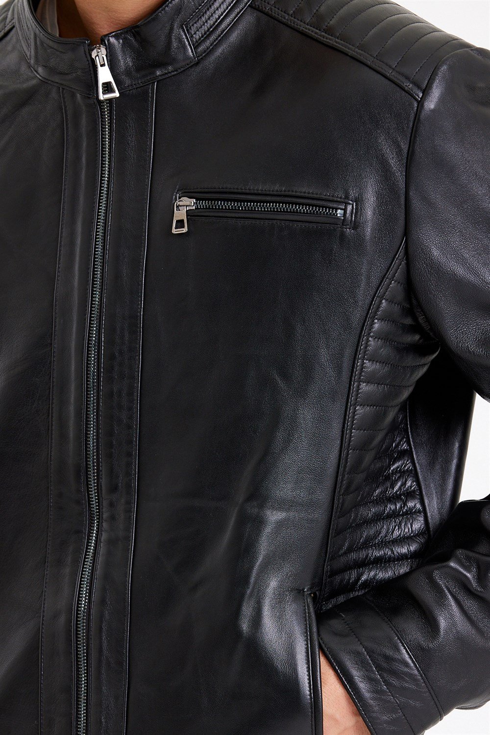 Üç Cepli İşlemeli Spor Deri Mont Siyah Renk