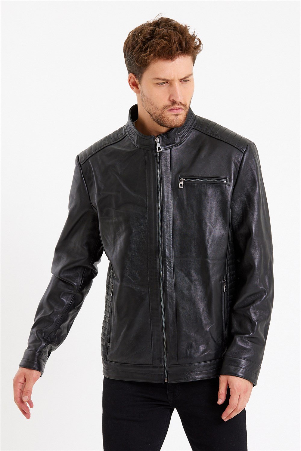 Üç Cepli İşlemeli Spor Deri Mont Siyah Renk