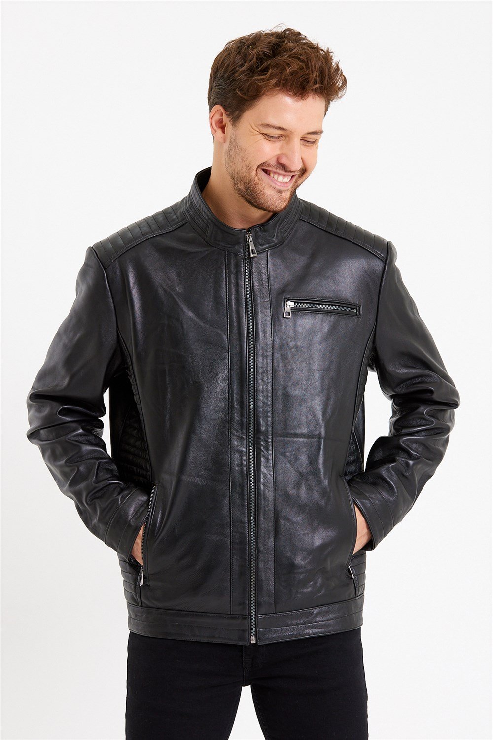 Üç Cepli İşlemeli Spor Deri Mont Siyah Renk