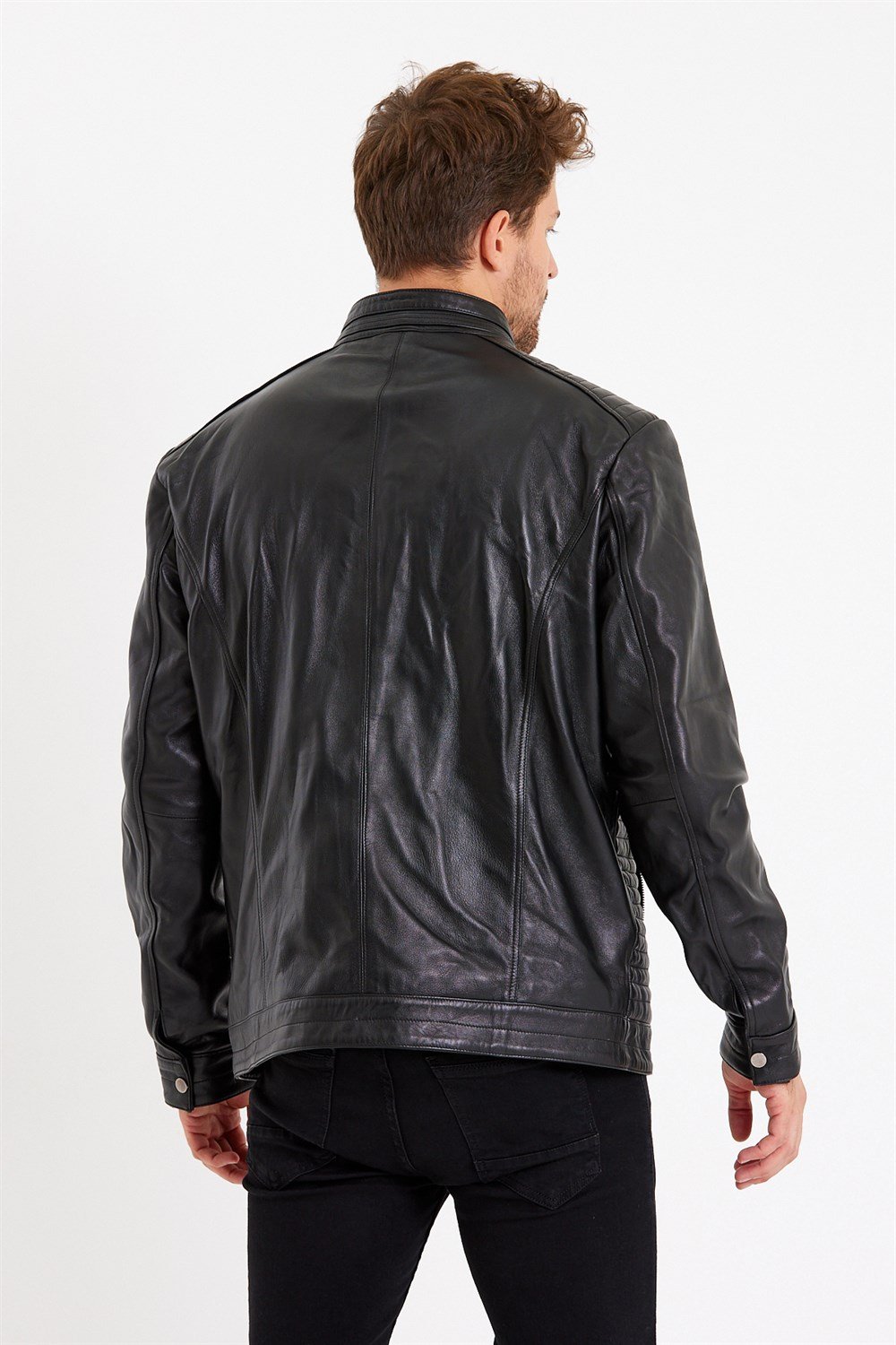 Üç Cepli İşlemeli Spor Deri Mont Siyah Renk