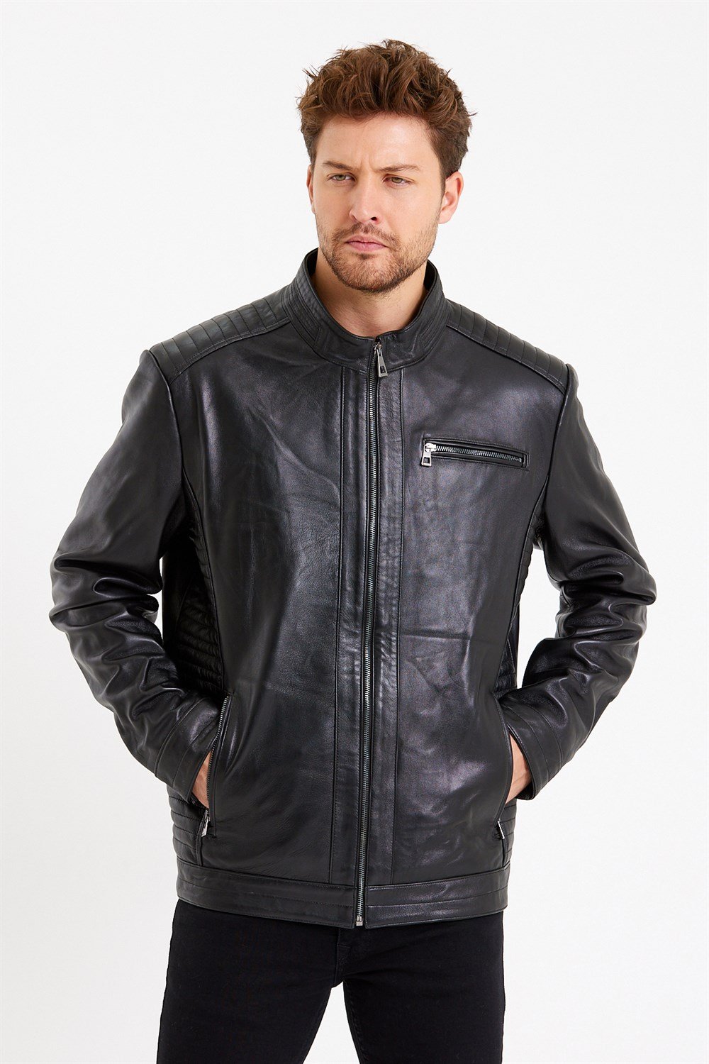 Üç Cepli İşlemeli Spor Deri Mont Siyah Renk