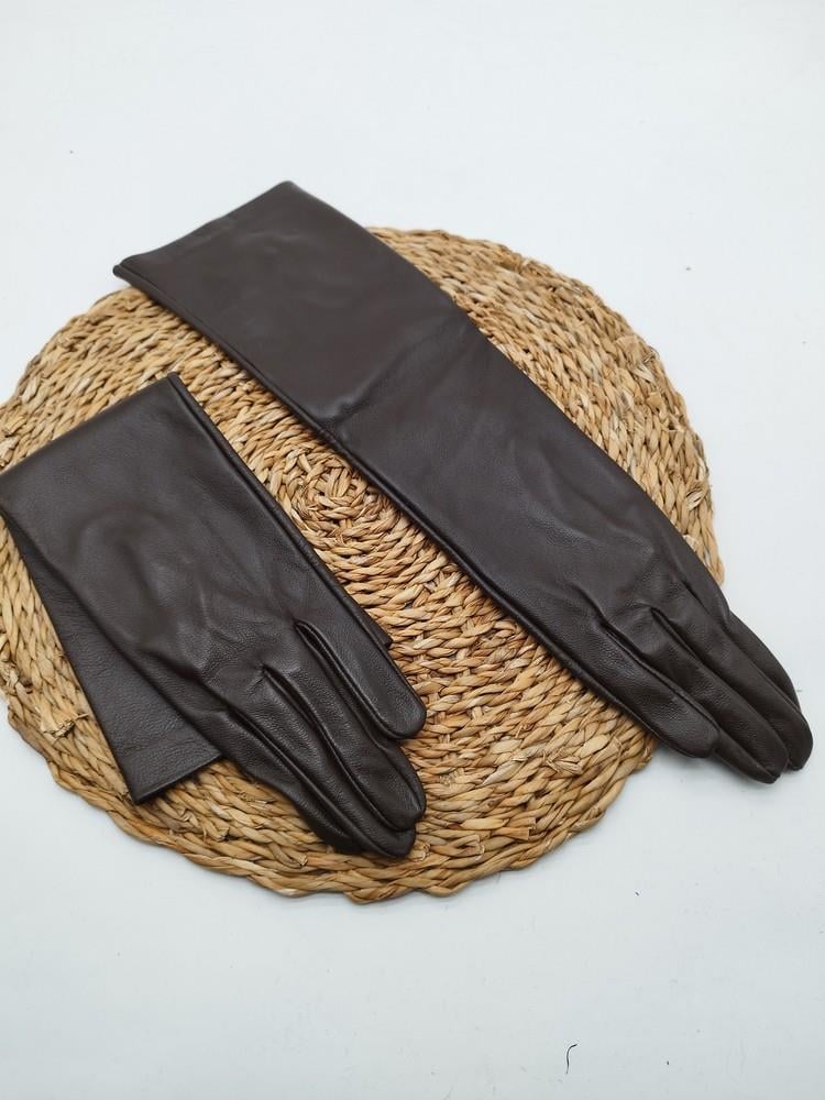 Uzun Bayan Deri Eldiven Polarlı Fındık Renk