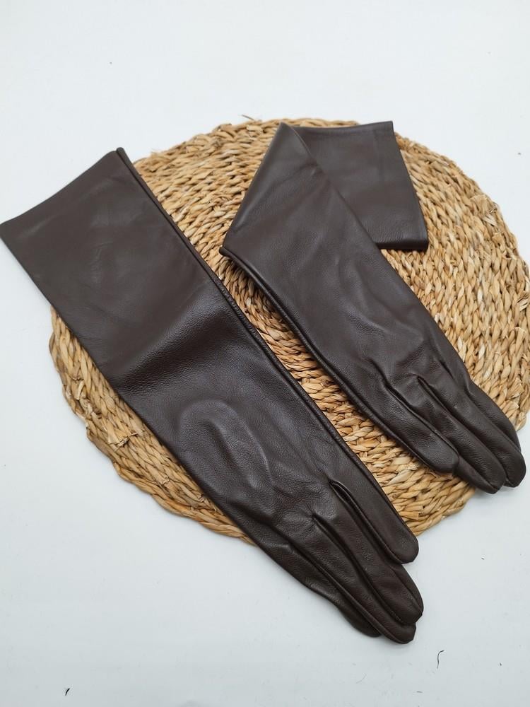 Uzun Bayan Deri Eldiven Polarlı Fındık Renk