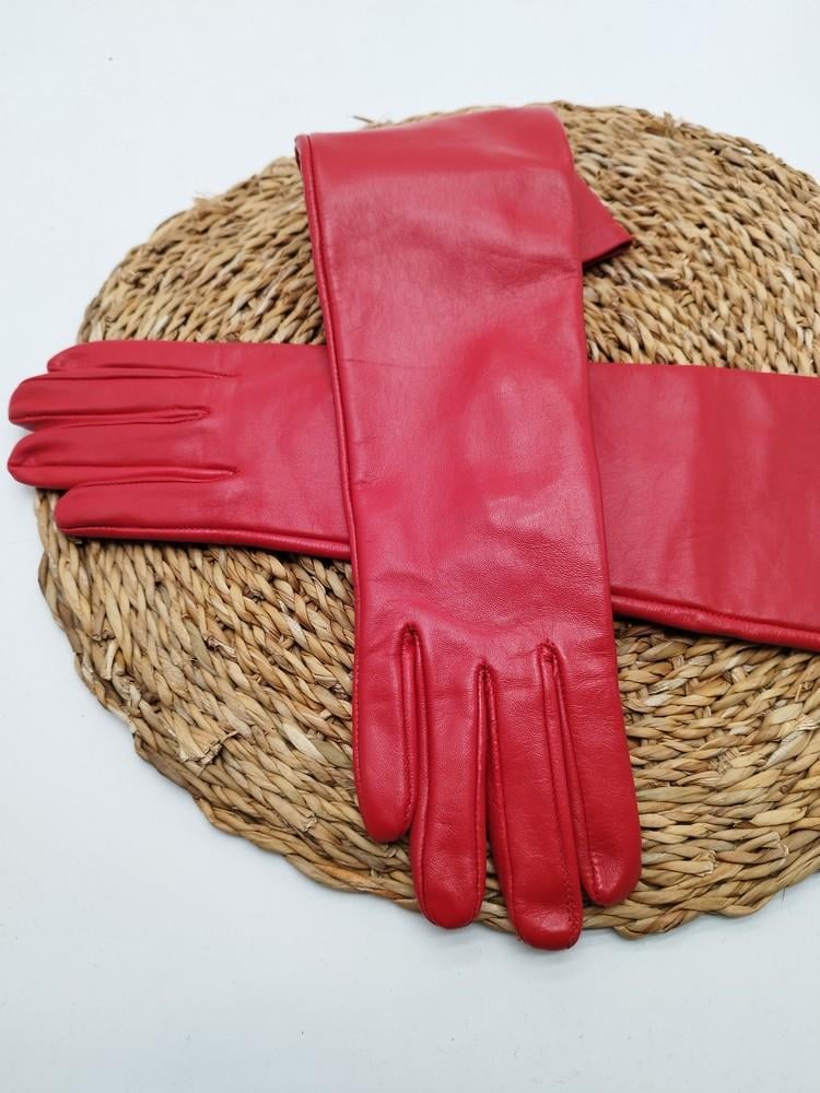 Uzun Bayan Deri Eldiven Polarlı Kırmızı Renk