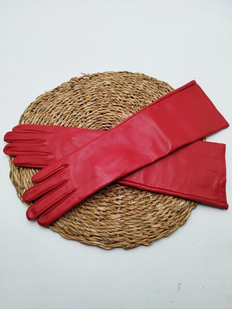 Uzun Bayan Deri Eldiven Polarlı Kırmızı Renk