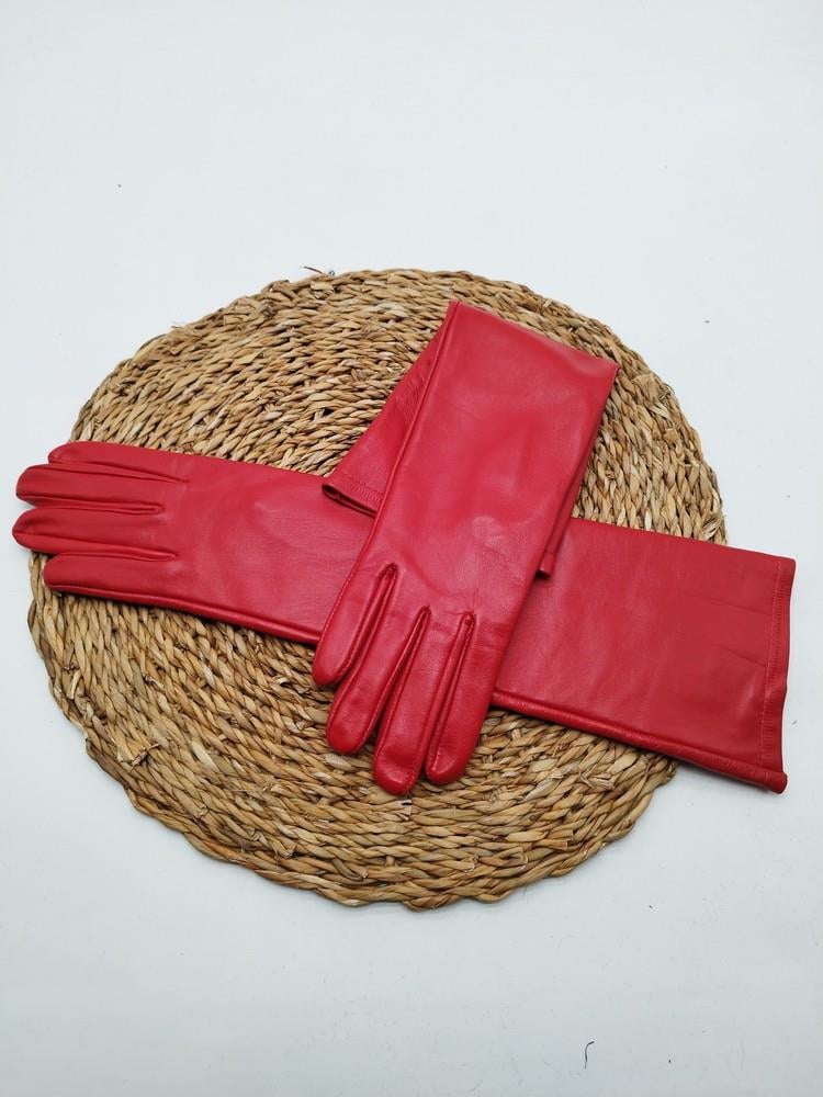 Uzun Bayan Deri Eldiven Polarlı Kırmızı Renk