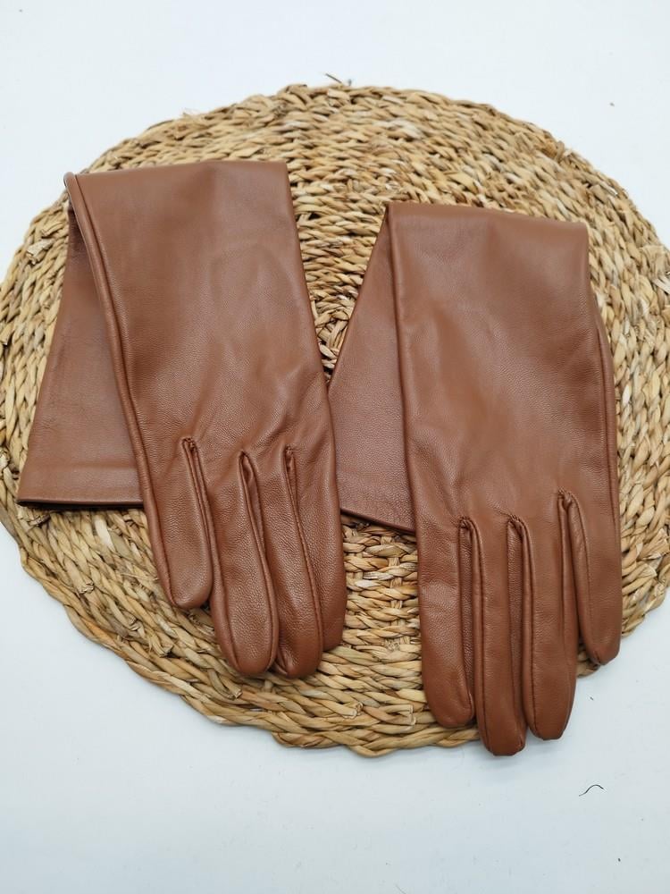 Uzun Bayan Deri Eldiven Polarlı Taba Renk