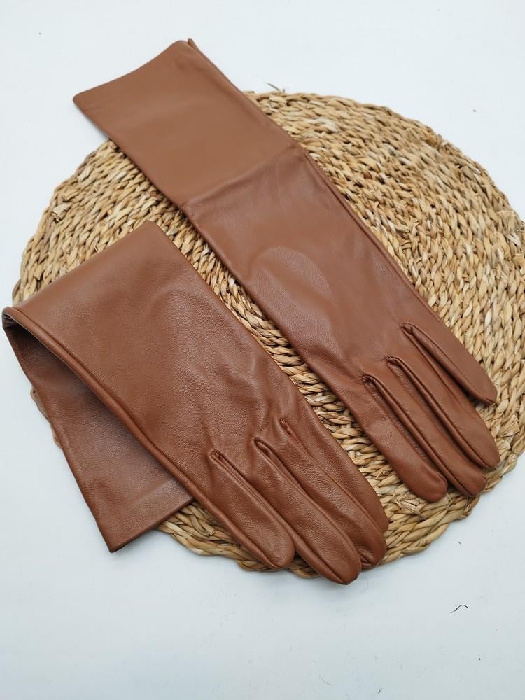 Uzun Bayan Deri Eldiven Polarlı Taba Renk