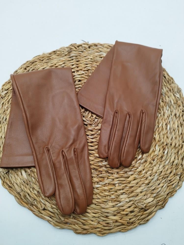 Uzun Bayan Deri Eldiven Polarlı Taba Renk