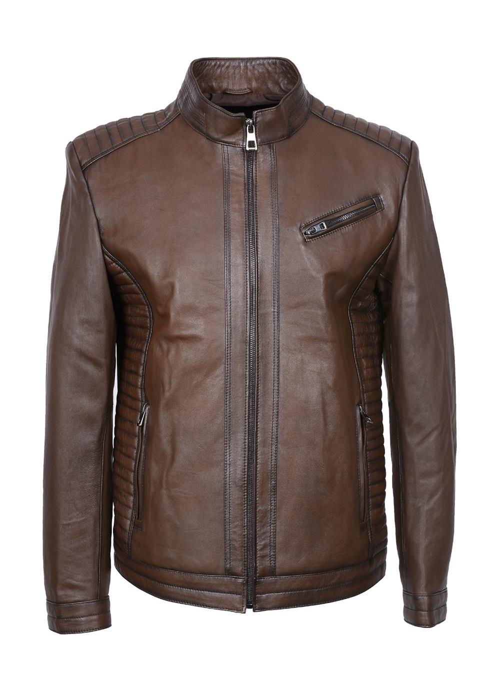 Yanları İşlemeli  Spor Model Fındık Renk Erkek Deri Mont 