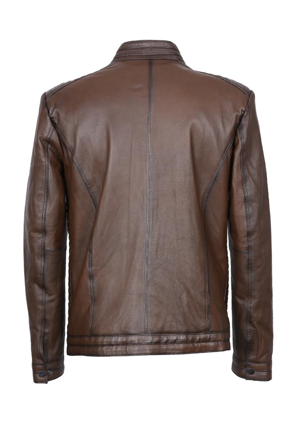 Yanları İşlemeli  Spor Model Fındık Renk Erkek Deri Mont 