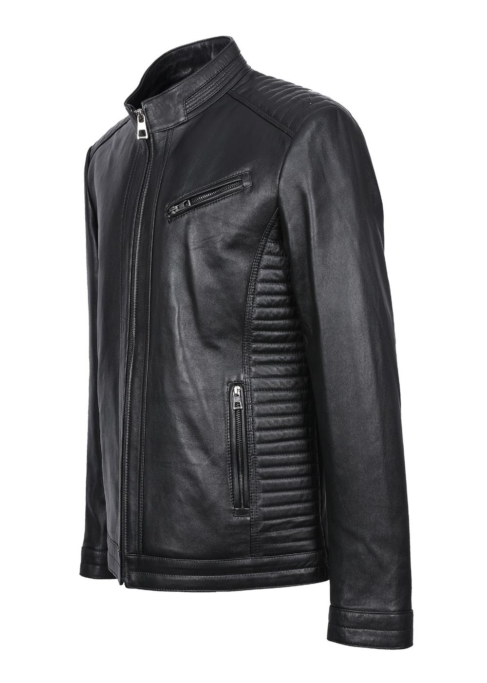 Yanları İşlemeli Spor Model Siyah Renk Erkek Deri Mont 