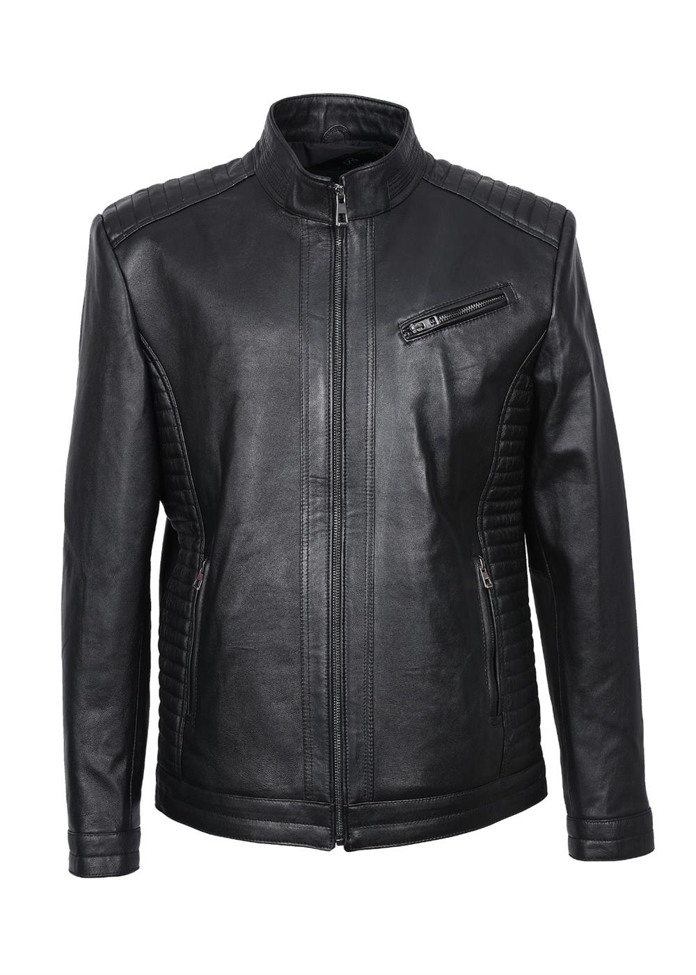 Yanları İşlemeli Spor Model Siyah Renk Erkek Deri Mont 